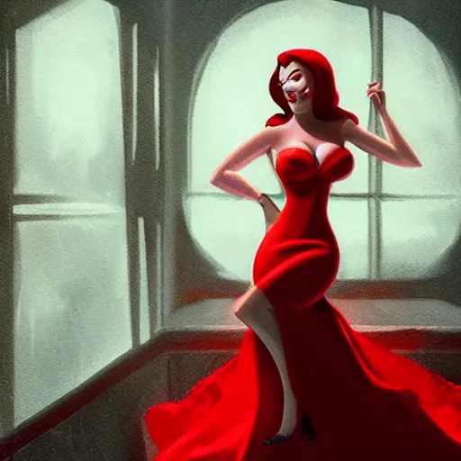 Prompt: photography beautiful flawless jessica rabbit in her red dress by greg rutkowski and raymond swanland, femme fetal, darkroom, dramatic high contrast lighting like sin city