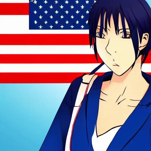 Prompt: a woman in a blue shirt with an american flag on her face, an anime drawing by ei - q, featured on pixiv, superflat, flat colors, anime