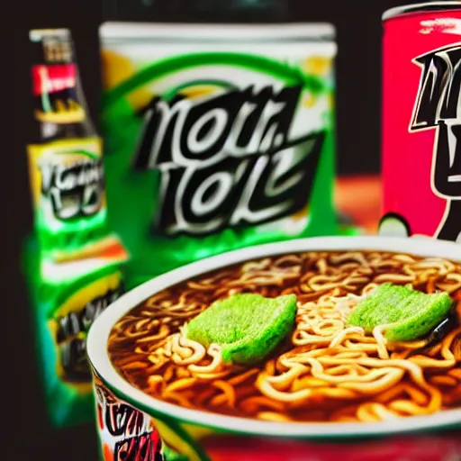 Prompt: mountain dew branded ramen. photography. food photoshoot. advertisment photography. 4 k. realistic.