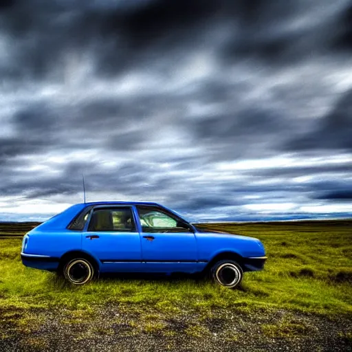 Prompt: a wide angle HDR photograph of a blue car in a field in Iceland, shot from low angle