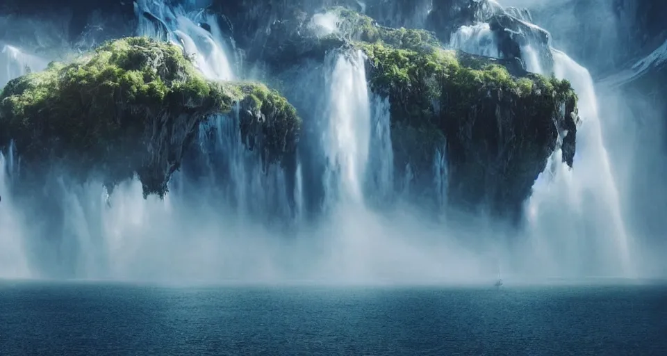 Image similar to A magnificent floating island in the sky above the sea, waterfall falling down, epic lighting, epic composition, cinematic, highly detailed, 4k