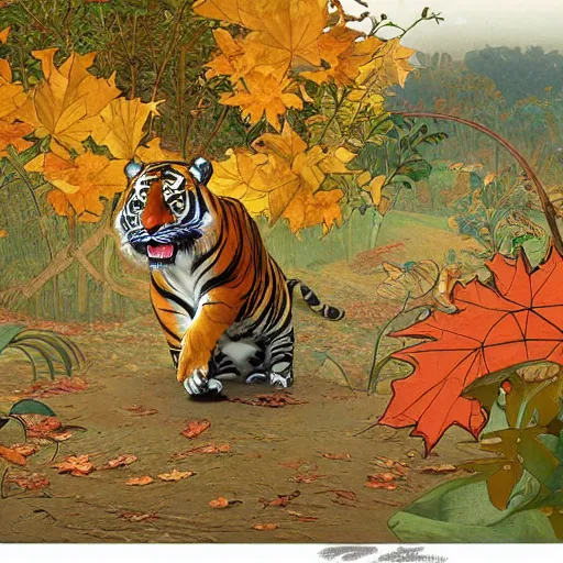 Prompt: a highly detailed cartoon tiger waving a leaf fan, autumn leaves on the ground, concise lines, ultradetailed environment, sharp focus, cinematic lighting, by alphonse maria mucha and kim jung gi