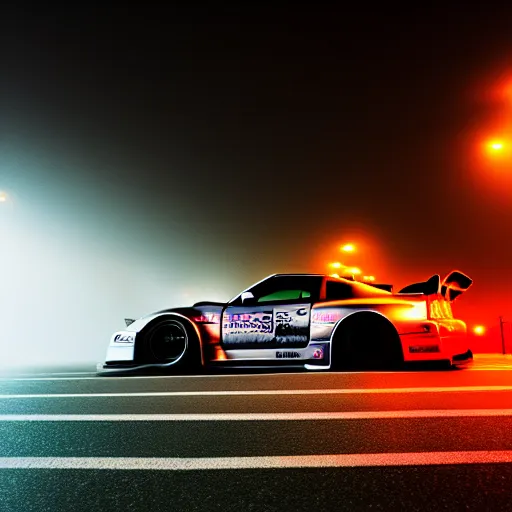 Prompt: a car GTR drift at illegal car meet, Chiba prefecture, city midnight mist lights, cinematic color, photorealistic, highly detailed, 50MM