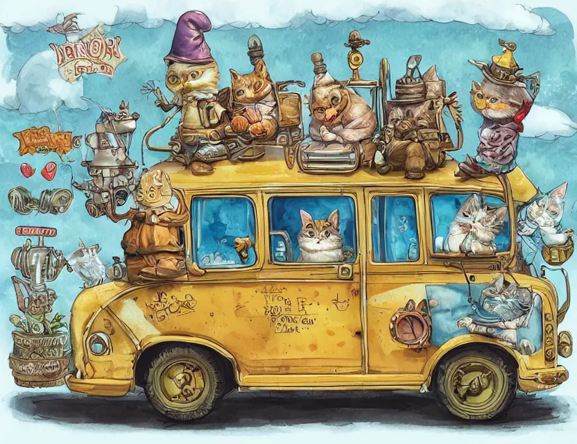 Image similar to cute and funny, a garden gnome driving a steampunk bus, a cat is on the roof holding on for dear life, ratfink style by ed roth, centered award winning watercolor pen illustration, isometric illustration by chihiro iwasaki, edited by range murata, tiny details by artgerm and watercolor girl, symmetrically isometrically centered, sharply focused