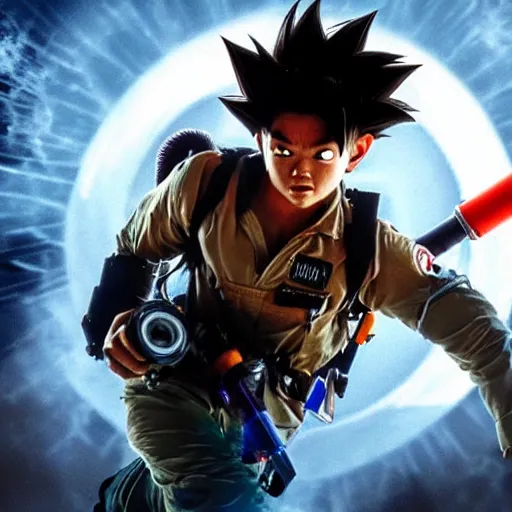 Prompt: stunning awe inspiring son goku with a highly detailed face as a ghostbuster in the movie ghostbusters, movie still 8 k hdr atmospheric lighting