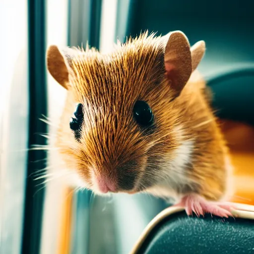 Image similar to photo of a train interior, a brown hamster is sitting on a seat in a train, various poses, unedited, soft light, sharp focus, 8 k