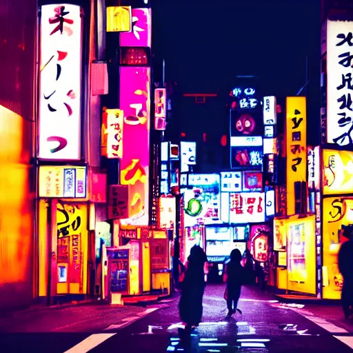 Prompt: a dramatic colorful fujifilm photograph of a young japanese girls silhouette standing in the middle of a tranquil nighttime tokyo street with neon signs