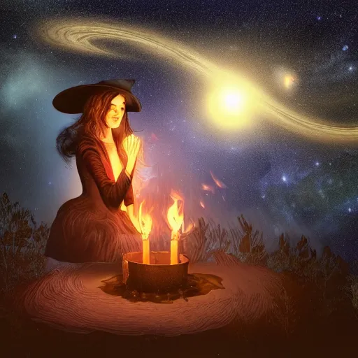 Prompt: old witch looking into a flame under the night sky, stars and planets, photorealistic, high detail, edgy photography, long hair