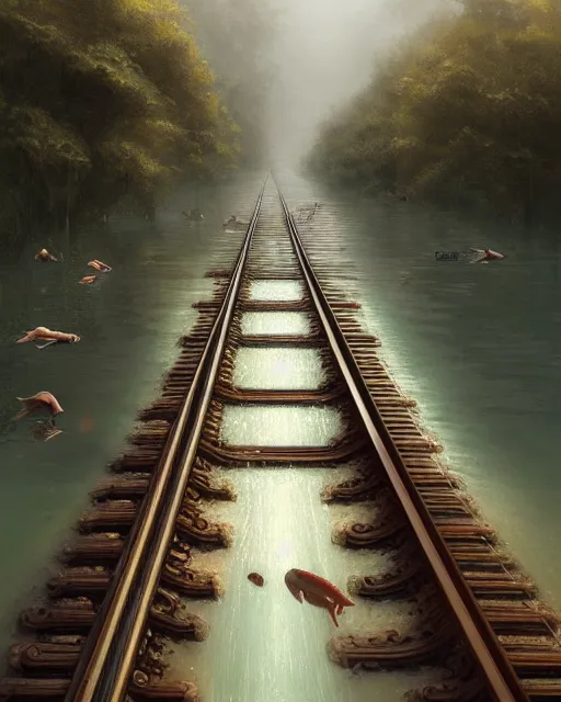 Image similar to train tracks stretching out toward the horzon that are submerged under a few inches of water in a wide pool of water, intricate, elegant, highly detailed, digital painting, artstation, concept art, smooth, sharp focus, illustration, art by artgerm and greg rutkowski and fra angelico
