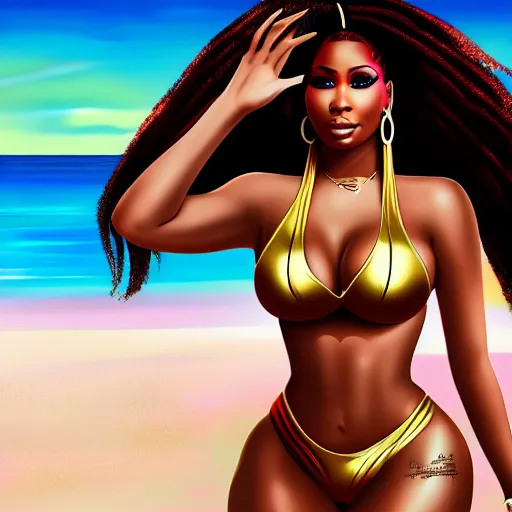 Prompt: nicki minaj, on a beach, 4 k, trending on artstation