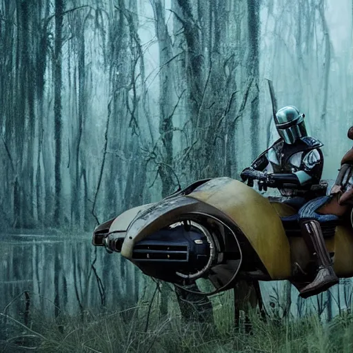 Image similar to mandalorian riding speeder bike through swamp, eerie, emotional, stunning cinematography, light diffusion