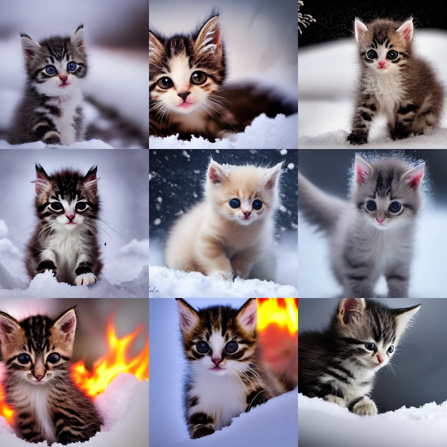 Prompt: extreme long shot cute baby kitten burning, award winning photo, snow, high detail, atmospheric, 8k