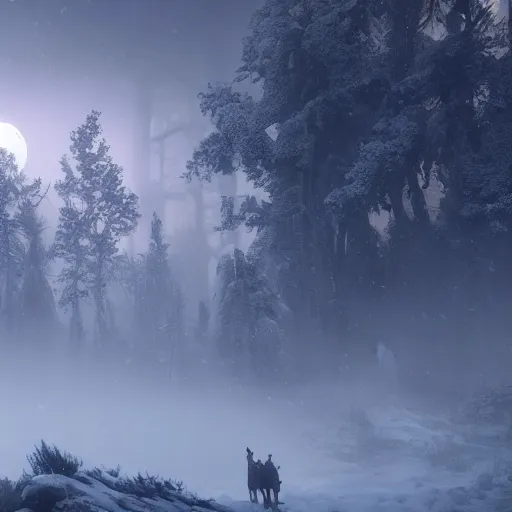 Image similar to the wild hunt, spectres riding in the sky, bad omen, enchanted forest, blizzard storm, fog, full moon, snowy environment, in the style of the witcher series, hyperrealism, breathtaking, award winning, groundbreaking, octane render, unreal 5, intricate digital art, 8 k hi - res