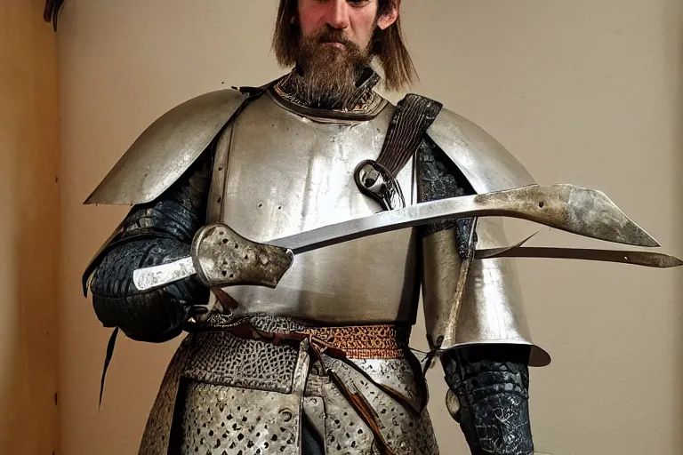 Image similar to photo of a reconstruction of a balkan tatar knight holding a sword, displayed in a museum