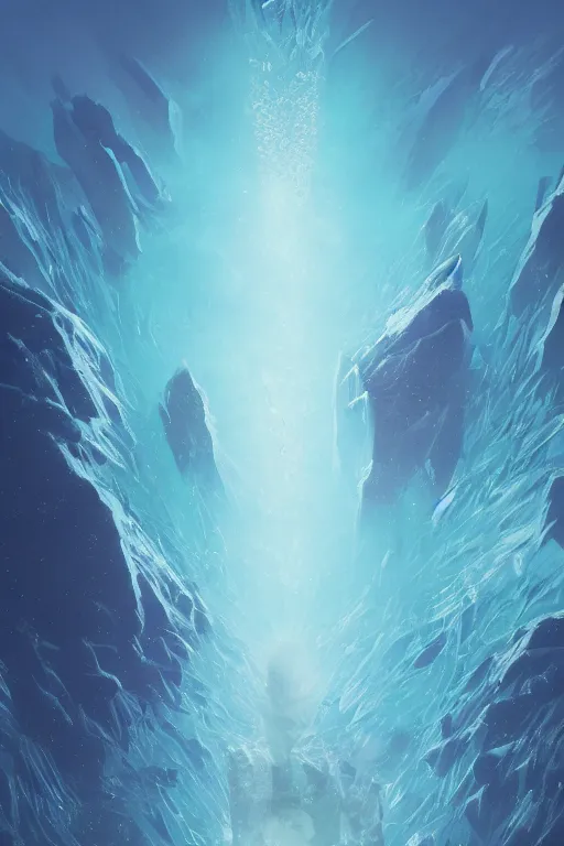 Image similar to A fancy portrait of a crystalized ice Ocean by Greg Rutkowski, beeple, Sung Choi, Mitchell Mohrhauser, Maciej Kuciara, Johnson Ting, Maxim Verehin, Peter Konig, final fantasy, macro lens, 35mm, 8k photorealistic, cinematic lighting, HD, high details, dramatic, dark atmosphere, trending on artstation