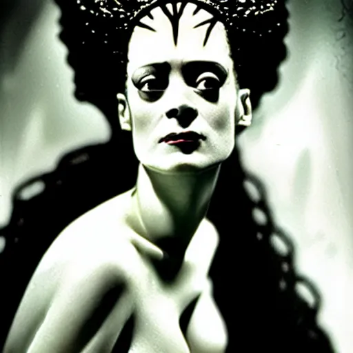 Prompt: a dramatic cinematic portrait photograph of bride of frankenstein influenced by alphonse mucha