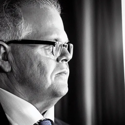 Image similar to ultrarealistic photo of former prime minister scott morrison lurking in the shadows in the style of film noir, 8 k, raw, unedited, symmetrical balance, in - frame