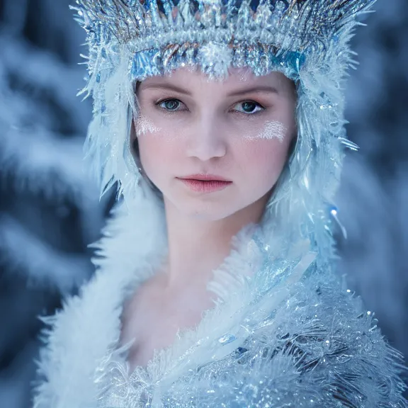 Image similar to photo of a real life beautiful ice queen with ornate cloak, 4 k, hdr, smooth, sharp focus, high resolution, award - winning photo