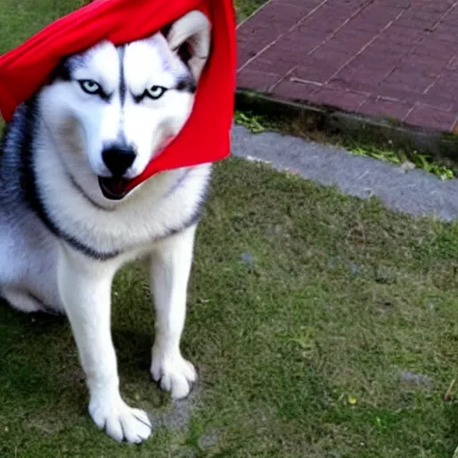 Prompt: a husky wearing a red shirt and checking his phone