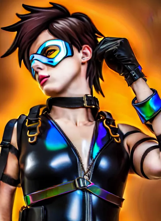 Image similar to oil painting digital artwork of tracer overwatch, confident pose, wearing black iridescent rainbow latex, 4 k, expressive happy smug expression, makeup, in style of mark arian, wearing leather collar, wearing sleek full body armor, black leather harness, expressive detailed face and eyes,