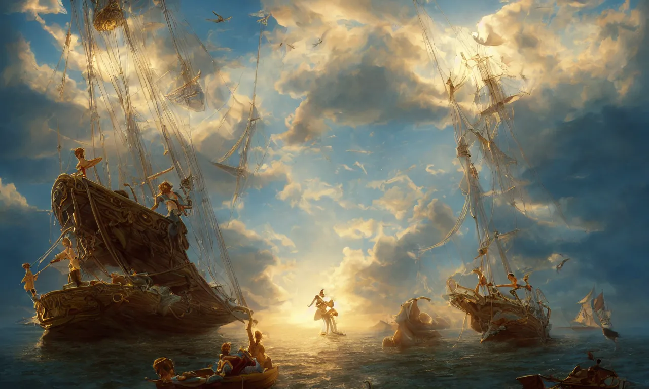 Image similar to a beautiful digital painting of peter pan and the lost boys, disney, a white caravel flying in the clouds, birds in the sunlight, numerous golden ropes and sails, blue sky at sunset, elegant, highly detailed, artstation, concept art, matte, sharp focus, art by tom bagshaw, kelogsloops and greg rutkowski