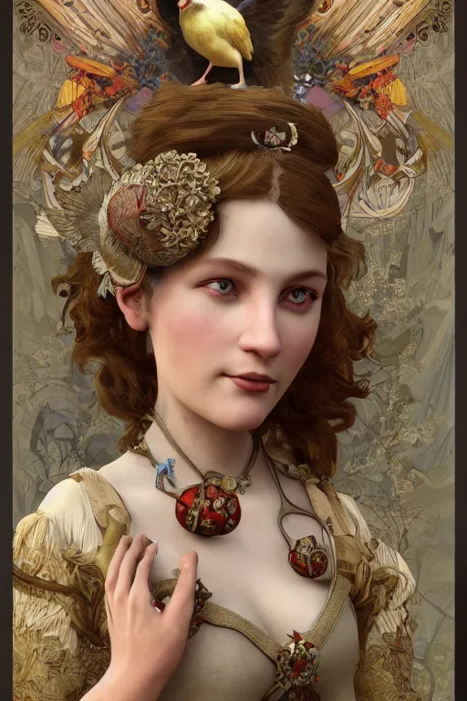 Prompt: face 3 d render of english princess holding birds, ornaments, mucha vibe, dieselpunk, solarpunk, artstation