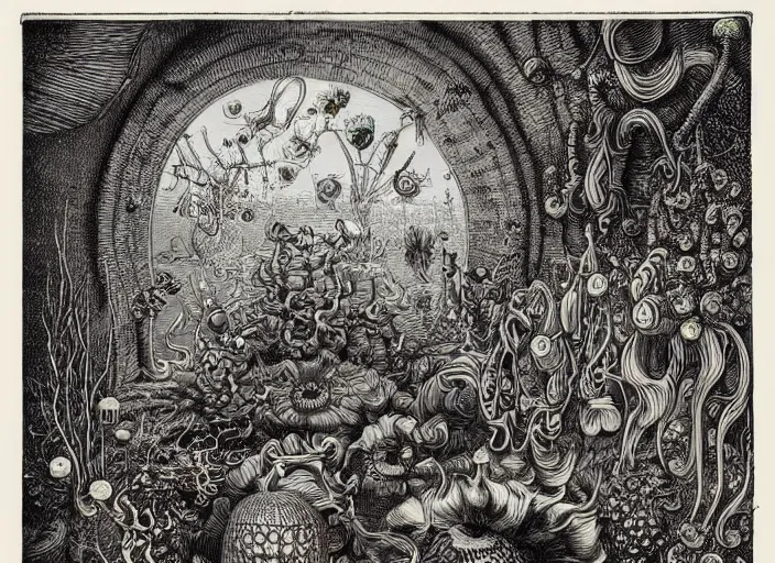 Image similar to atmosphere of constant horror in disturbing colours, made by Joe Fenton, Wenceslas Hollar and Ernst Haeckel in vintage Victorian England colourised print style with saturated colours