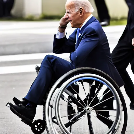 Image similar to joe biden falling down a wheelchair, detailed, 8 k, detailed face, photorealistic, sharp focus