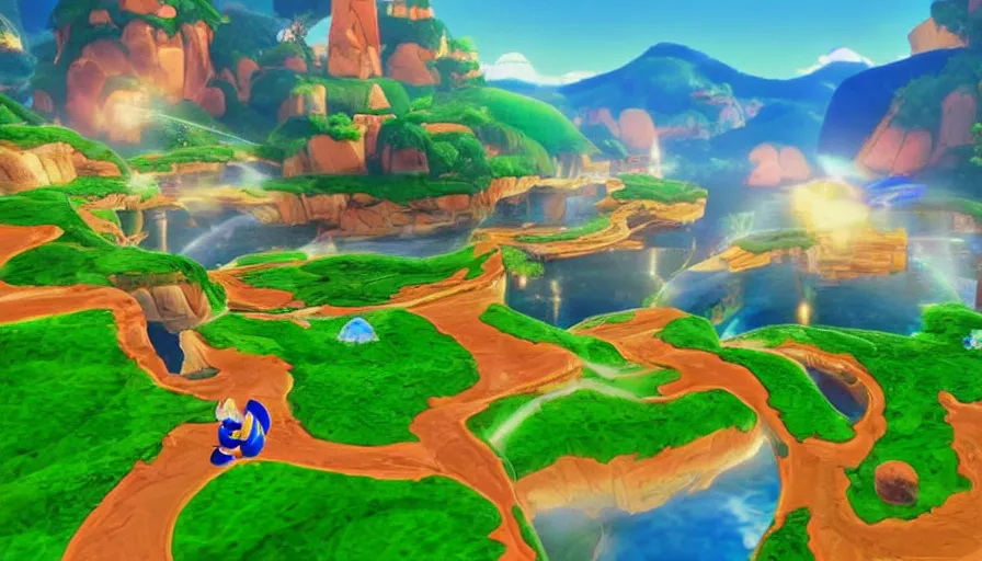 Image similar to beautiful landscape photography in the style of sonic the hedgehog, amazing view, afternoon