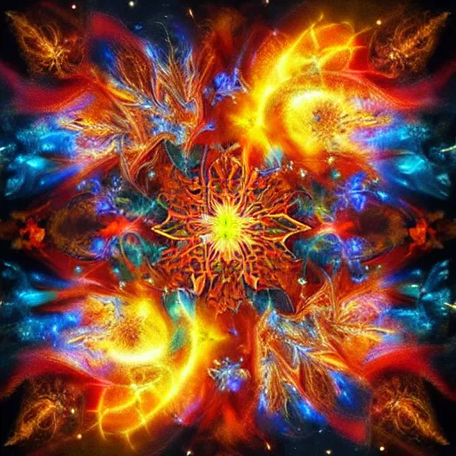 Prompt: creative combustion fractal explosion stars, quarks, art station, amazing clarity, mind blowing detail