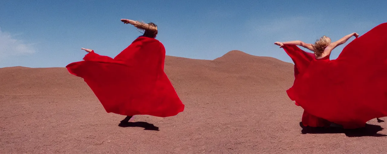Prompt: A woman dancing in an endless red cape that ribbons across the sky into the distance, floating in the sky above a desert, film still, anamorphic