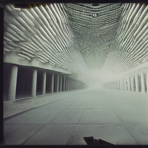 Image similar to interior of a concrete megastructure, foggy, old polaroid, expired film, megalophobia,