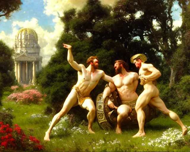 Image similar to hercules and achilles frolic in a meadow of beautiful flowers, large topiary and marble pillars in the background, painting by gaston bussiere, craig mullins, j. c. leyendecker, tom of finland