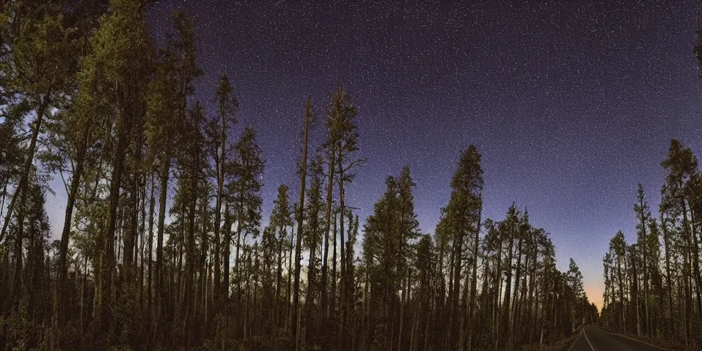 Image similar to night, road between tall trees, dense forest, dark night, moon