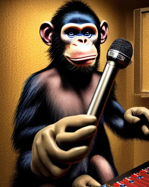 Image similar to looking over the sound board into the soundbooth a portrait of an anthropomorphic rockstar chimp singing into a microphone by sandra chevrier, by jon foster, detailed render, tape deck, epic composition, cybernetics, 4 k realistic, cryengine, realistic shaded lighting, sharp focus, masterpiece, by enki bilal