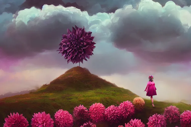 Prompt: giant dahlia flower crown head, young girl walking on mountain, surreal photography, pink storm clouds, dramatic light, impressionist painting, digital painting, artstation, simon stalenhag