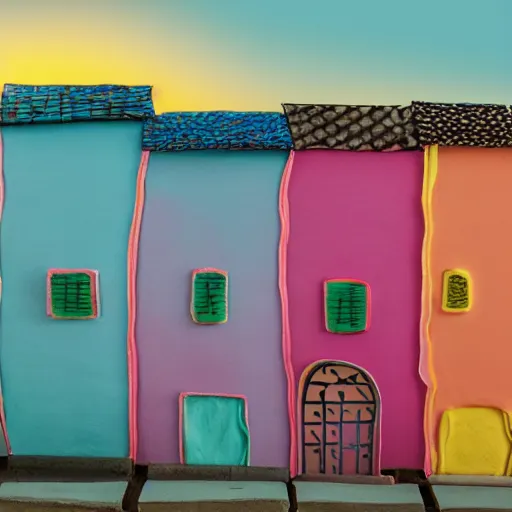 Prompt: a papermache pastel colored house on a flat surface with arabic calligraphy on it at sunset