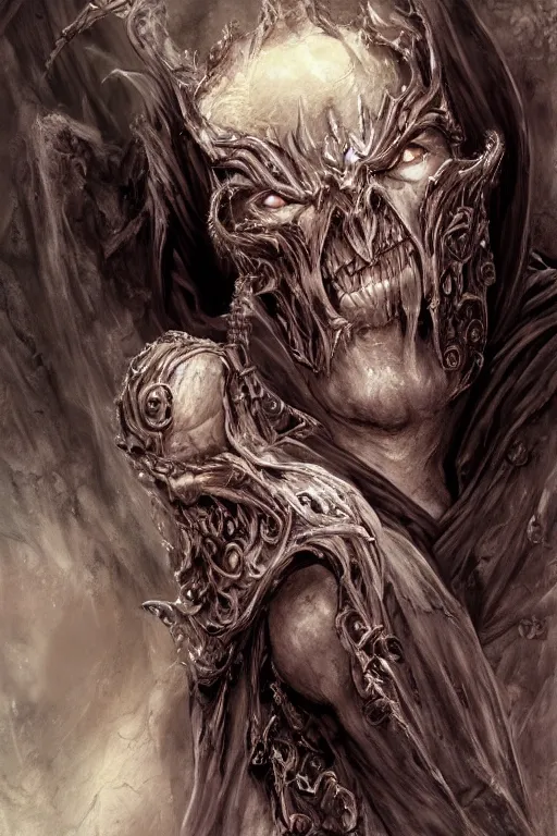 Image similar to portrait of hulking herculean ainz ooal gown undead, from overlord, warlock robes, upper body, fantasy, intricate, elegant, highly detailed, digital painting, artstation, concept art, sharp focus, illustration, art by luis royo, wayne barlowe, kirsi salonen, asya yoranova and alan lee