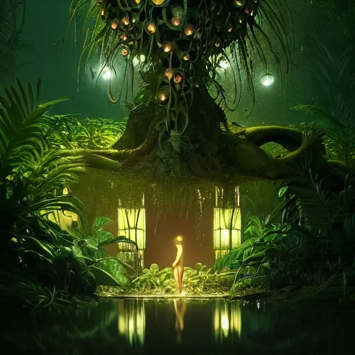 Image similar to creature in a lush vegetation at night, water reflection, bioluminescent : : by michal karcz, daniel merriam, victo ngai and guillermo del toro : : ornate, dynamic, particulate, intricate, elegant, highly detailed, centered, artstation, smooth, sharp focus, octane render, 3 d