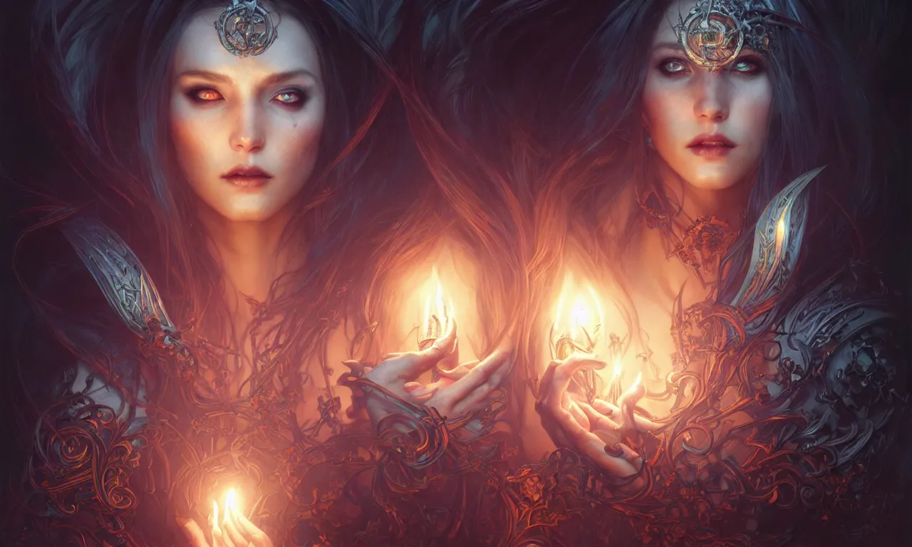 Image similar to Necromancer Sorceress in center, fantasy magic, undercut hairstyle, dark light night, intricate, elegant, sharp focus, illustration, highly detailed, digital painting, concept art, matte, art by WLOP and Artgerm and Greg Rutkowski and Alphonse Mucha, masterpiece