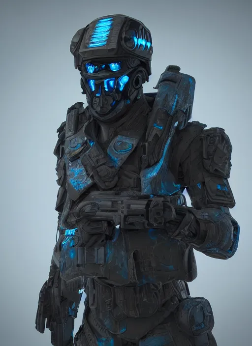 Image similar to concept art of futuristic soldier wearing an armoured facemask, with intricate carving details in black and glowing blue, ultra realistic, octane render, 8 k, hd, realistic lighting, moody, dramatic