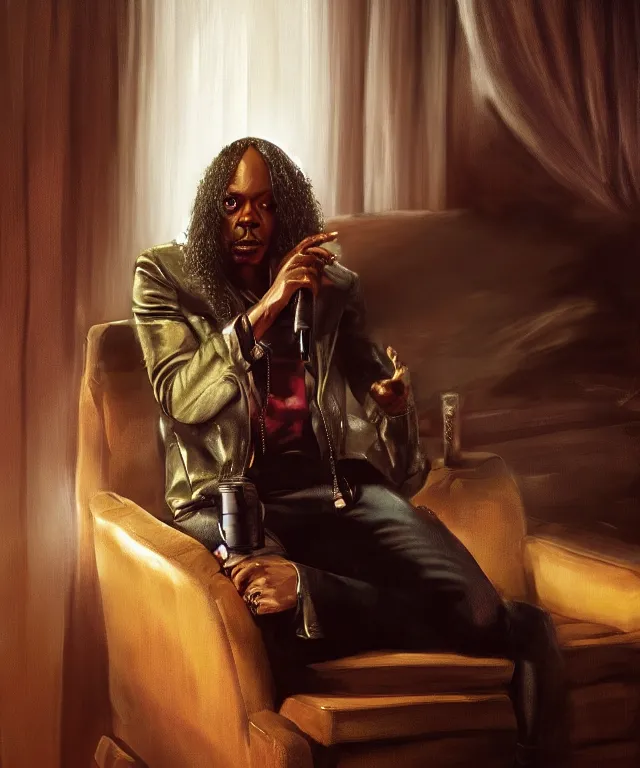 Image similar to dave chappelle, cinematic, as rick james, on a velvet couch, elegant, highly detailed, digital painting, artstation, smooth, hard focus, illustration, art by jessica rossier and and brian froud