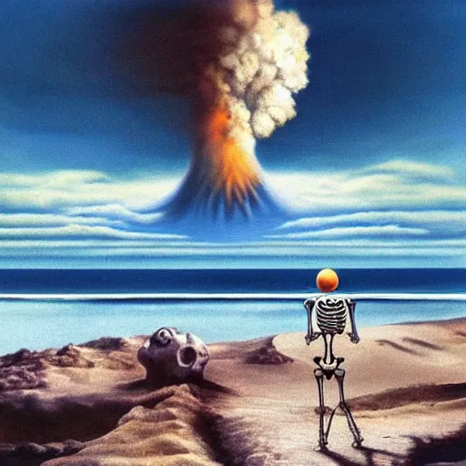 Image similar to a skeleton walking on a beach next to the ocean, nuclear bomb explosion in the background, a surrealist painting by Storm Thorgerson, featured on cg society, matte painting, realistic, chillwave