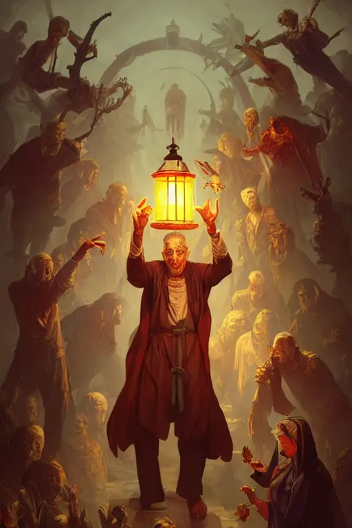 Image similar to male senior cleric holding a lantern surrounded by zombies, highly detailed, digital painting, artstation, concept art, smooth, sharp focus, illustration, art by artgerm and greg rutkowski and alphonse mucha and andrei riabovitchev