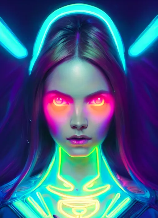 Prompt: beautiful neon woman, by greg rutkowski, symmetry, concept art by artgerm, distance render portrait of a hyper realistic, pixar, intense, epic, powerfull, alphonse mucha, octane render, highly detailed, high quality, 8 k, soft lighting, path traced, and uang guangjian and gil elvgren, symmetry!!