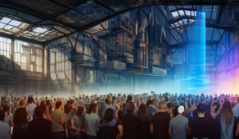 Image similar to crowd of people in walled warehouse, looking at hologram of futuristic city on a table, cinematic concept art, godrays, golden hour, natural sunlight, 4 k, clear details, tabletop model buildings, center model buildings, hologram center, crane shot, crane shot, crane shot