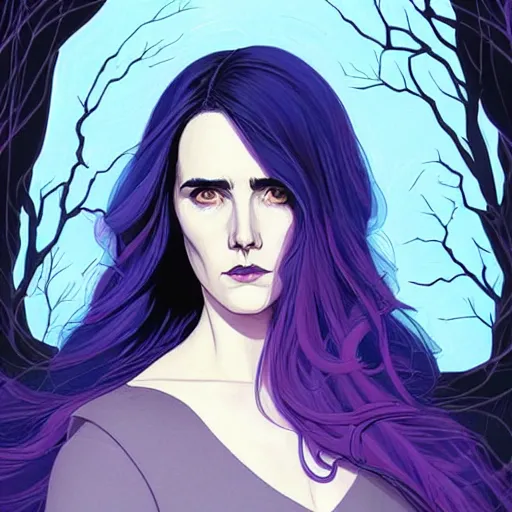 Image similar to in the style of Joshua Middleton comic art, beautiful witch spooky female, Jennifer Connelly, blue and purple glowing hair, perfect eyes perfect symmetrical eyes, symmetrical face, black magic, dark forest background, painterly style