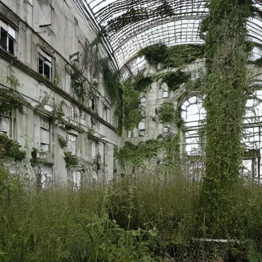 Image similar to an abandoned building, overgrown plants, dreamy, overcast, by hans bellmer