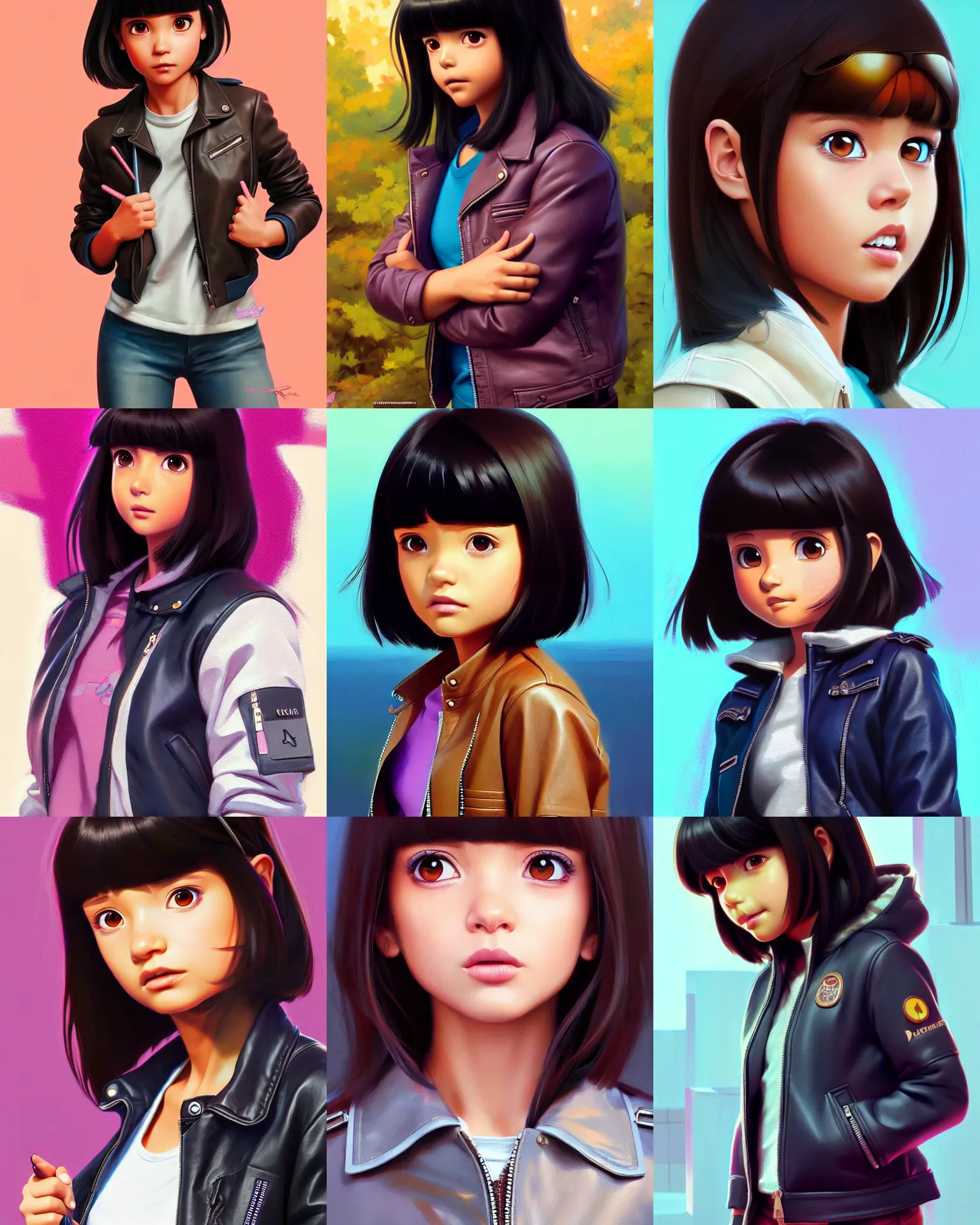 Image similar to real girl dora the explorer wearing leather jacket, fine detail!! anime!! realistic shaded lighting!!, kim hyun joo, digital painting by ilya kuvshinov, magali villeneuve, artgerm, jeremy lipkin and michael garmash and rob rey