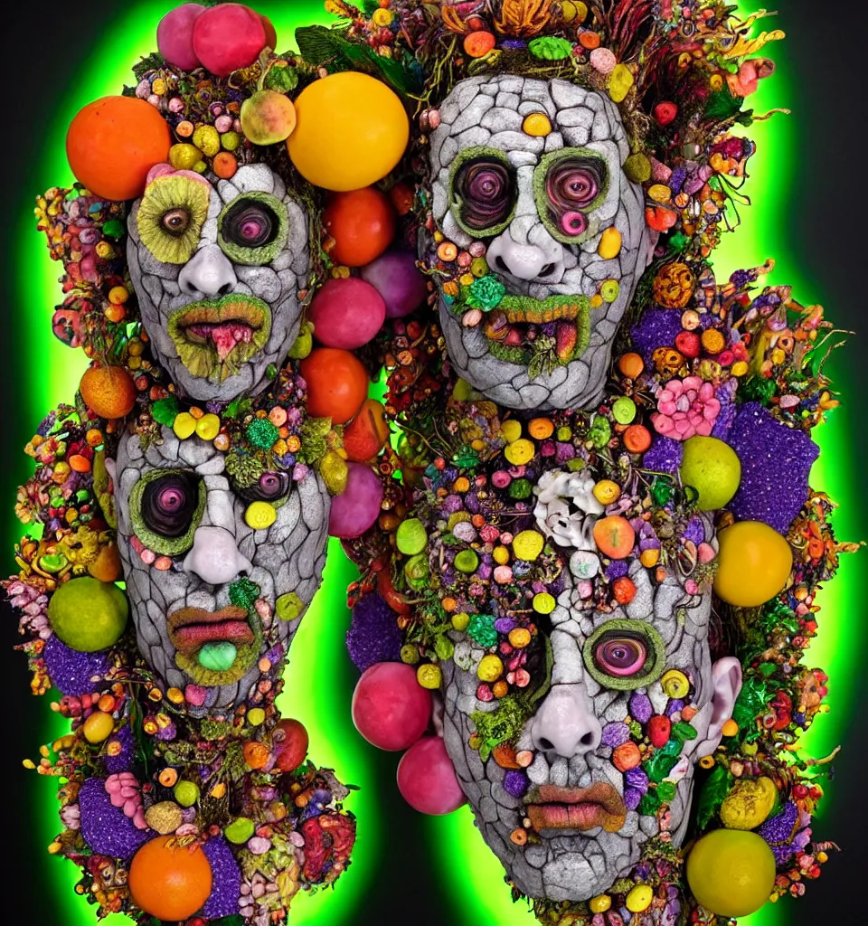 Prompt: portrait of a trickster nature spirit, undead, head made of fruit gems and flowers in the style of arcimboldo, philip taaffe, david altmejd, pop art, action figure, clay sculpture, claymation, green and neon lighting, rainbow stripe background